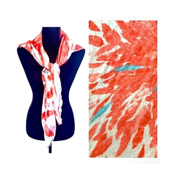 Coral and White Floral print Square Scarf - Picture 6 of 6